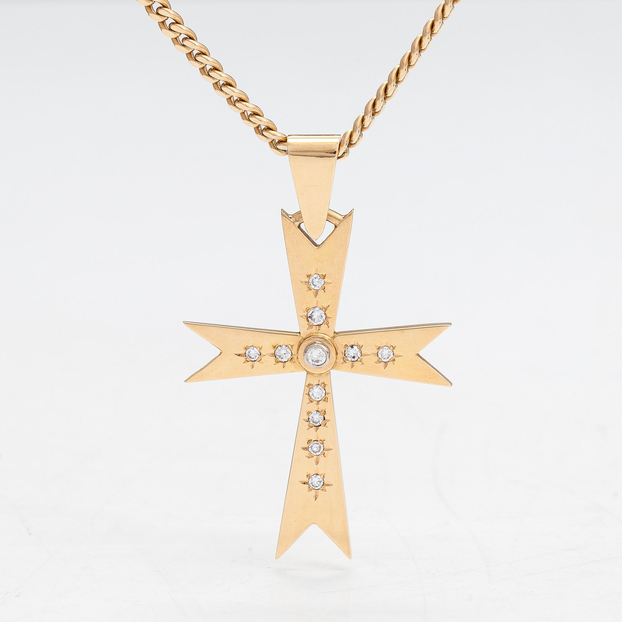 Necklace, cross, 18K/14K gold with diamonds totaling approx. 0.55 ct, Finland 1971/2007.