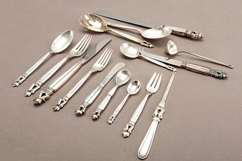 Johan Rohde, a set of 79 pcs of "Konge/Acorn" sterling silver flatware, maker's mark Georg Jensen, Copenhagen post 1945.