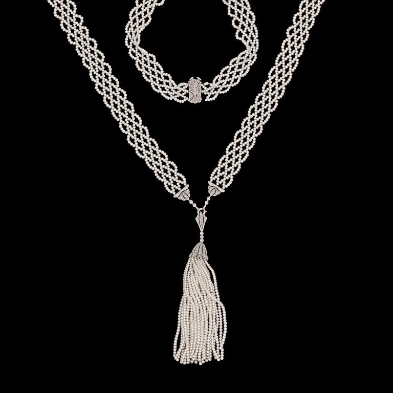 A natural seed pearl and diamond sautoir, c. 1915.