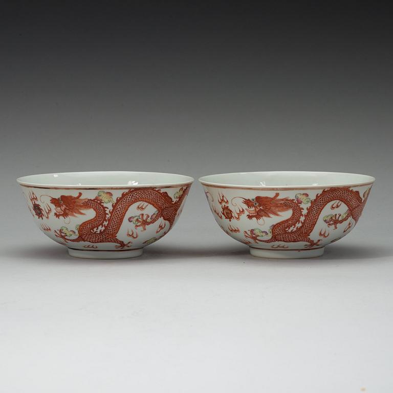 A pair of Republic five clawed dragon bowls, with Guangxus six character mark.