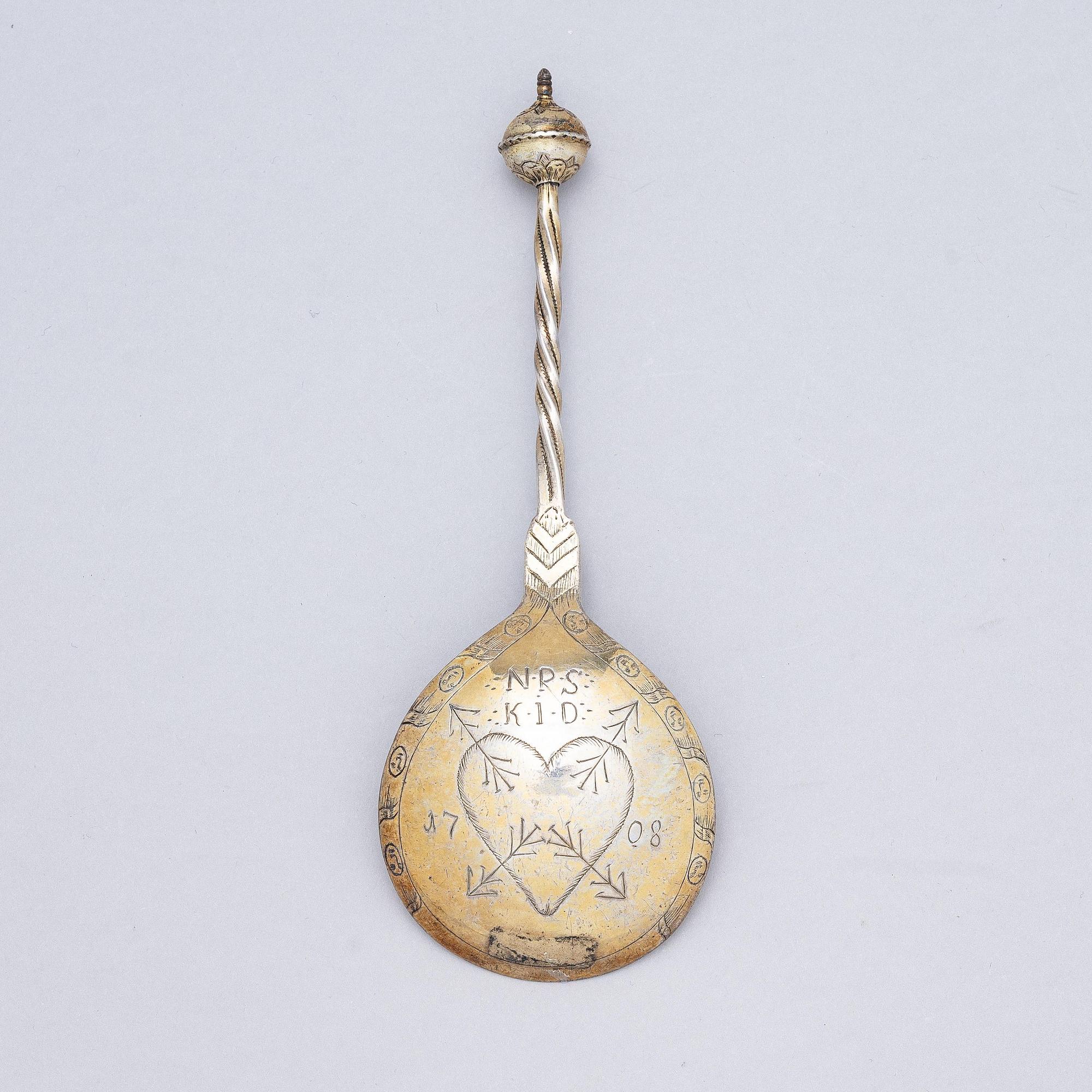 A Scandinavian late 17th/early 18th century parcel-gilt silver wedding-spoon, unmarked.