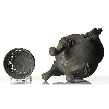 A large tripod bronze censer with pierced cover, late Ming/early Qing dynasty.