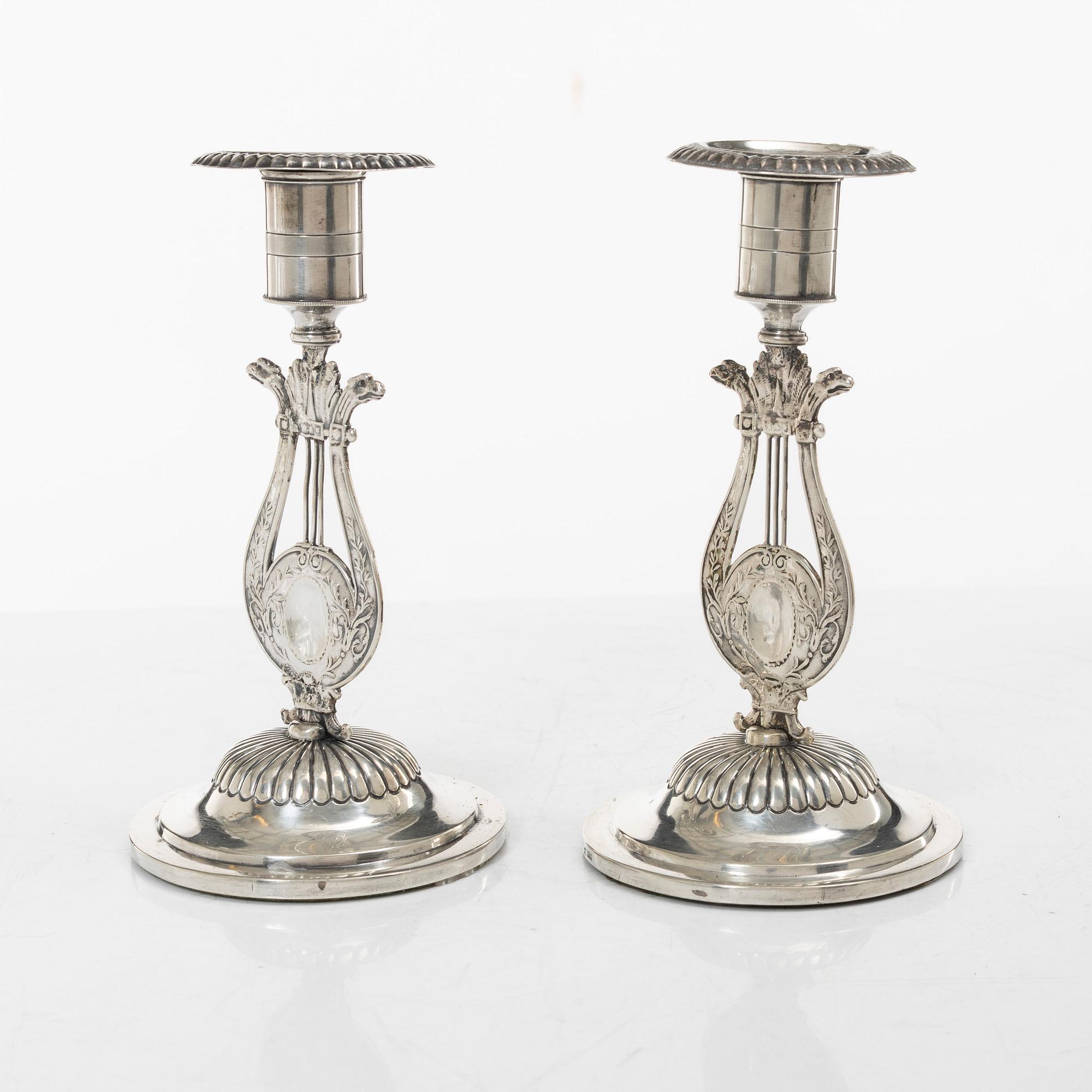 Empire, A pair of Swedish silver candlesticks, mark of Otto Wilhelm Kjellberg,  Västerås 1838.