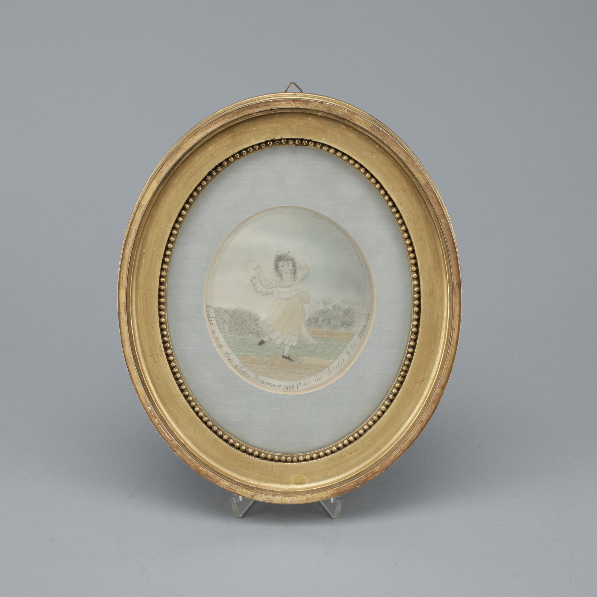 BRODERAD TAVLA, siden, troligen Frankrike, bär datering 1808.