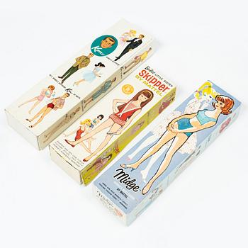 Midge, Ken samt Skipper, med kläder och accessoarer, Mattel, 1960-tal.