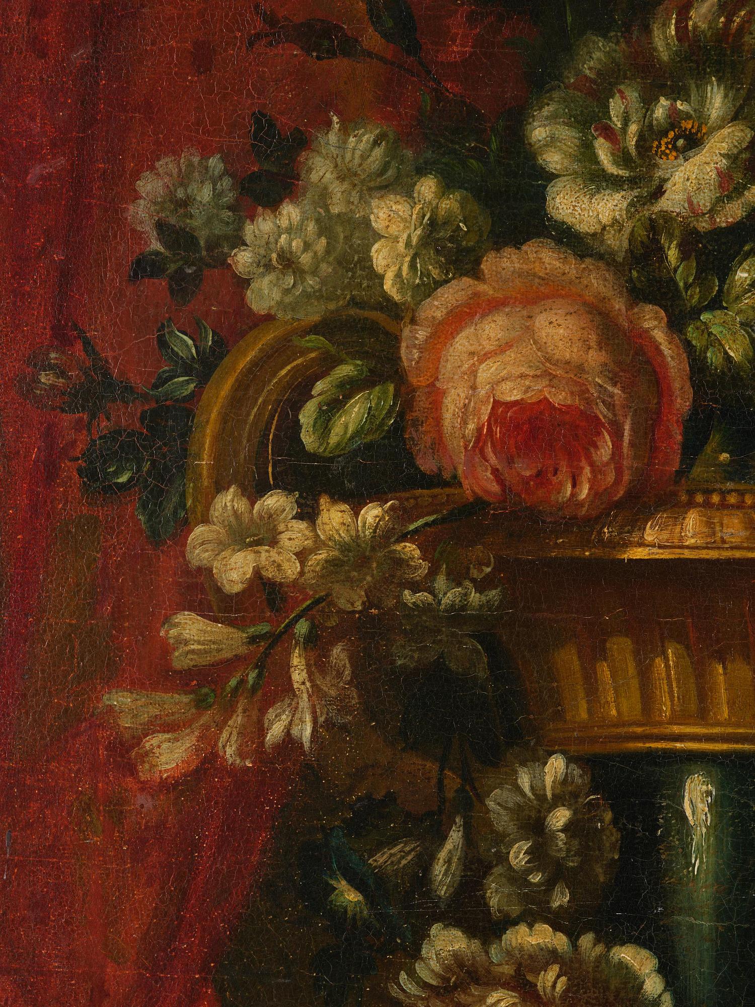 Pieter Casteels III, follower of, Wall panels, a pair, Flower urns with a parrot and a monkey respectively.