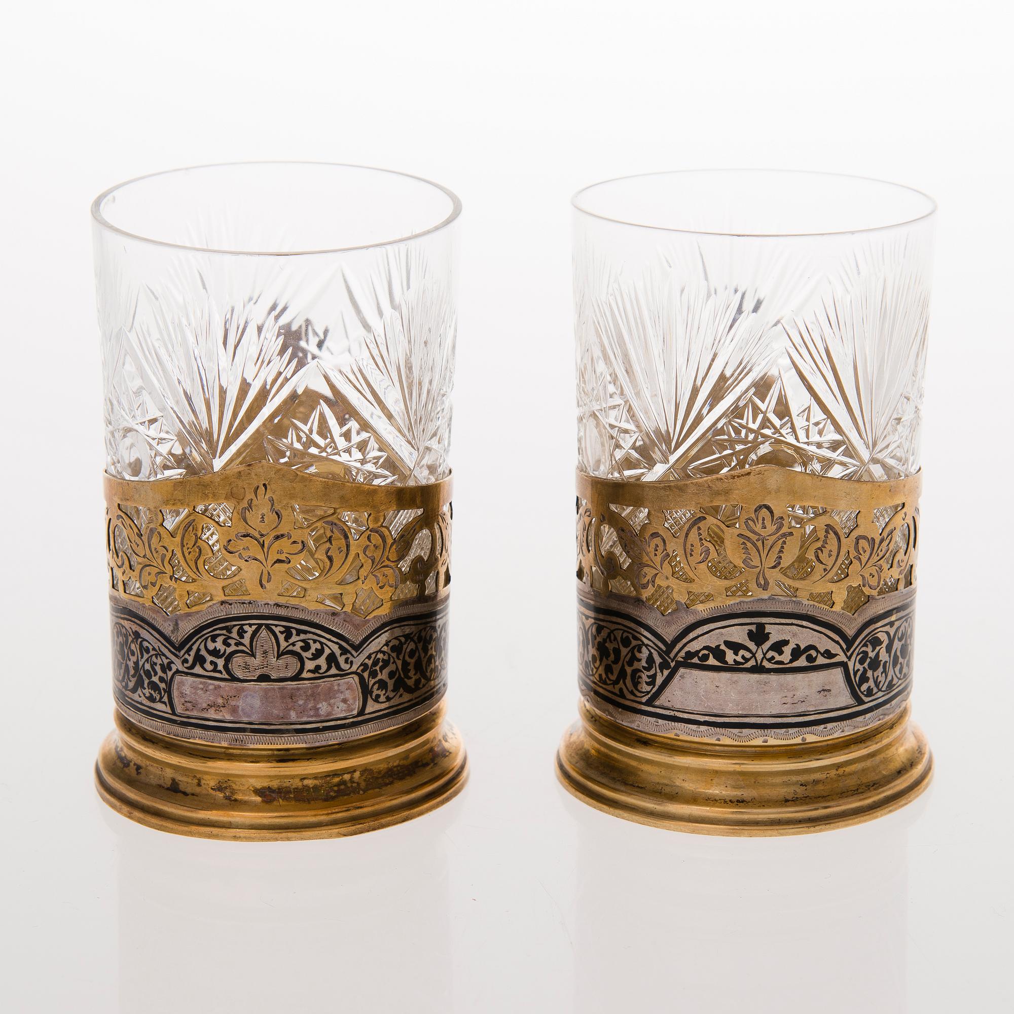 Six Russian tea glass holders, silver, metal and enamel, latter half of the 20th century.