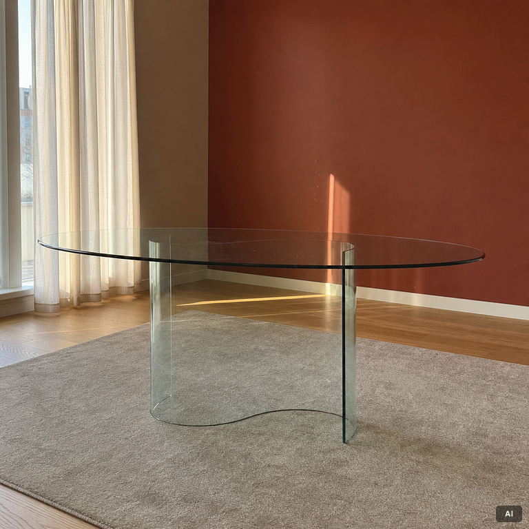A dining table, glass, contemporary.