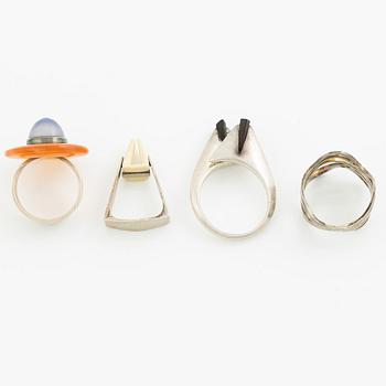 Four rings, silver and including carnelian, among others Cecilia Johansson, Gothenburg 1968.
