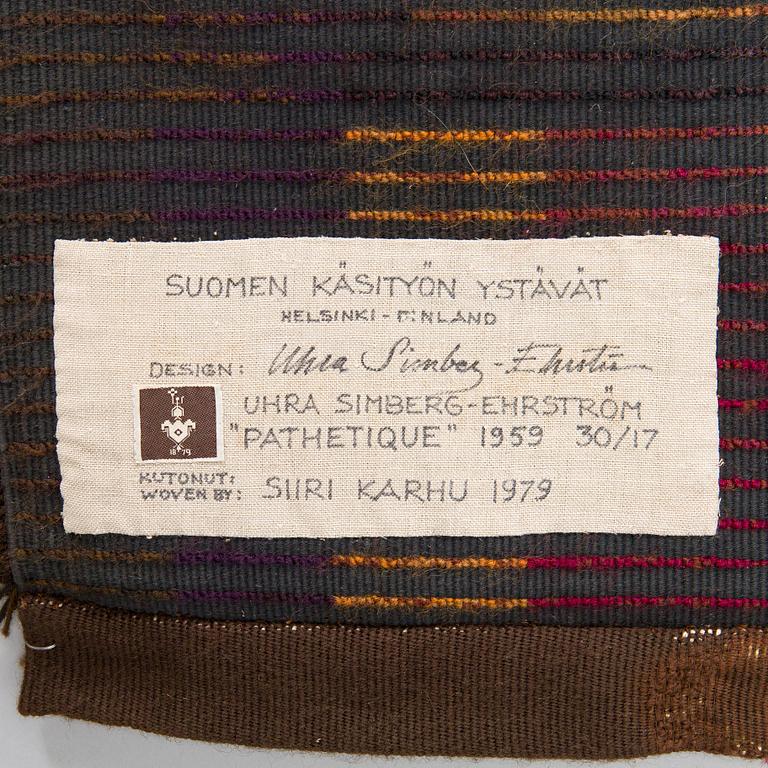 Uhra-Beata Simberg-Ehrström, a signed rug/ ryarug for Friends of Finnish Handicraft. Circa 173 x 115 cm.