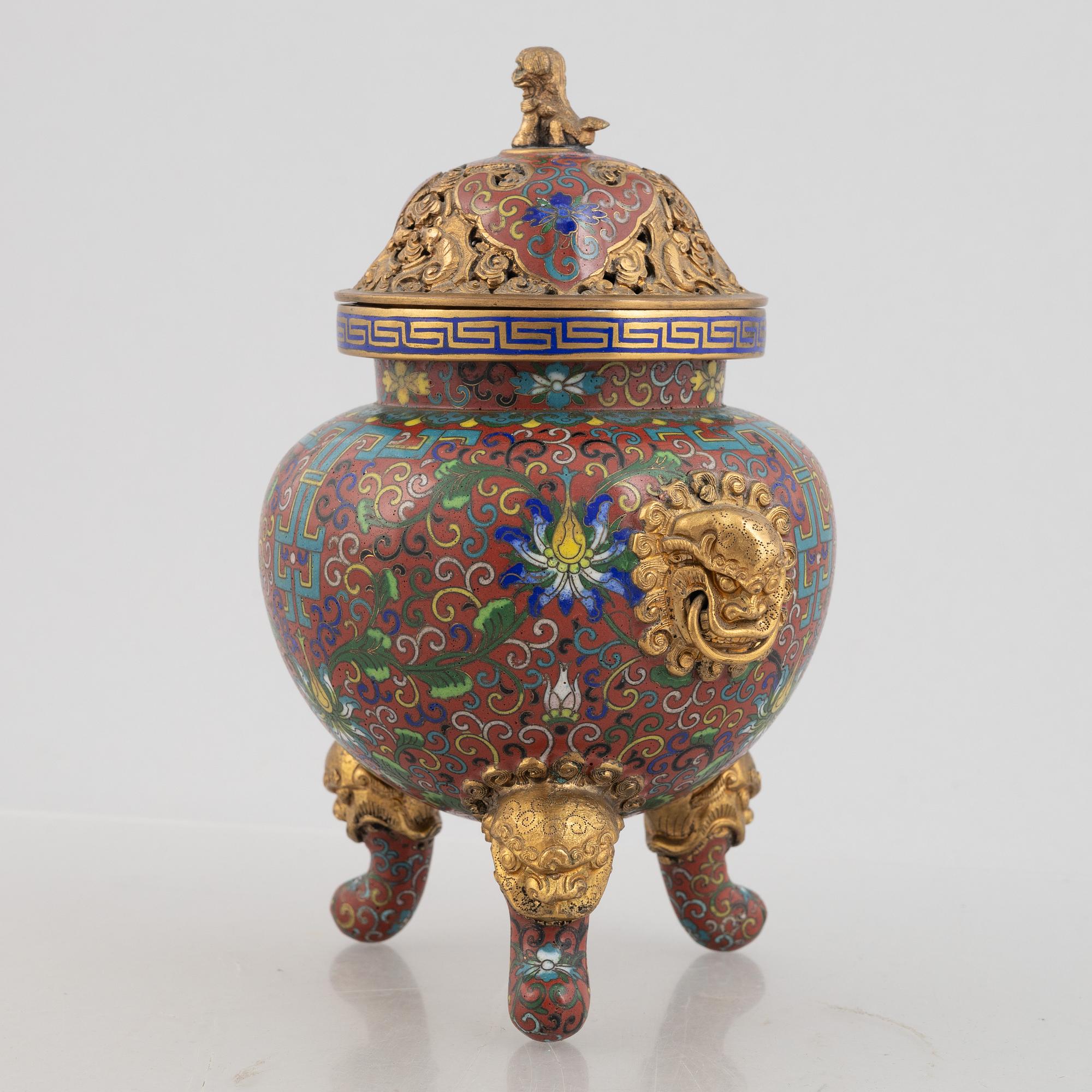 A Chinese cloisonné tripod censer, late Qing dynasty.