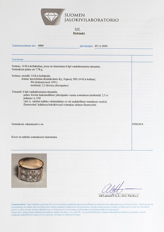 A 14K gold ring with old-cut diamonds ca. 2.50 ct in total. Kultakolmio Ky, Espoo 1951.