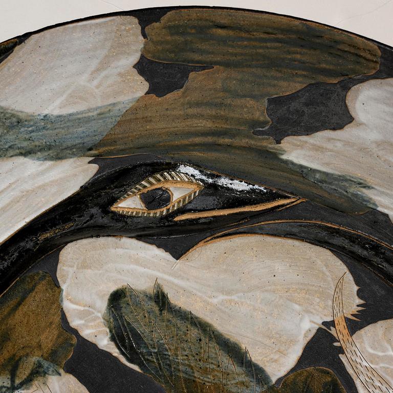 Eva Bengtsson, a large decorative chamotte stoneware dish, own studio, Frillesås, 1990s.