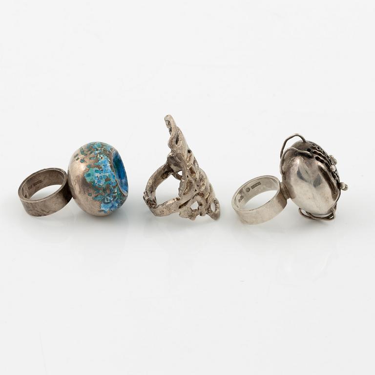 Lars Arby, three rings, sterling silver and enamel, Gothenburg 1966, 1968 and 1970.