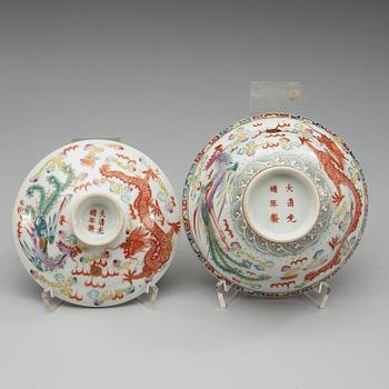 A set of three famille rose bowls with covers, Qing dynasty with Guangxu six character marks and period (1874-1908).