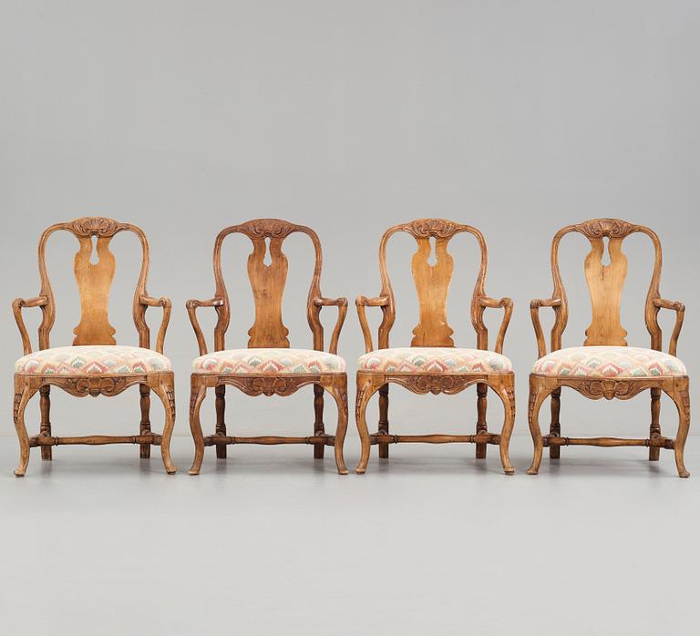 A set of four Swedish Rococo armchairs.