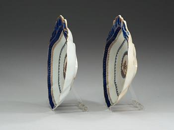 A pair of "European subject" blue and white, and gold dishes, Qing dynasty, Jiaqing (1796-1820).