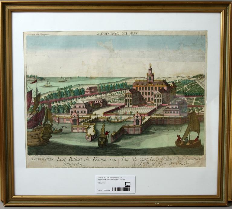 TITTSKÅPSBILDER, 2 st, kopparstick,  handkolorerade, 1700-tal.