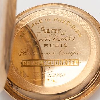 Pocket watch, Borel Neuchatel, 53 mm, 14K gold, lever escapement, plastic crystal.