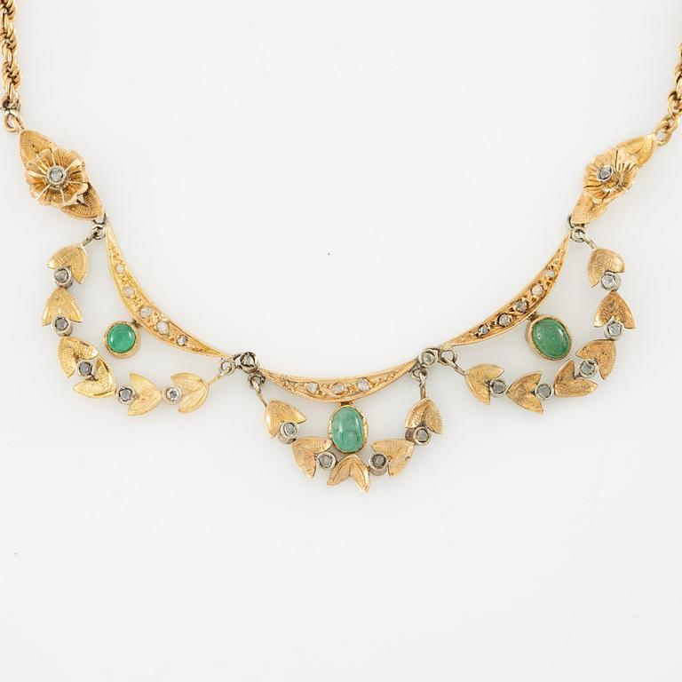 Necklace and bracelet in with floral motif set with cabochon-cut emeralds and rose-cut diamonds.