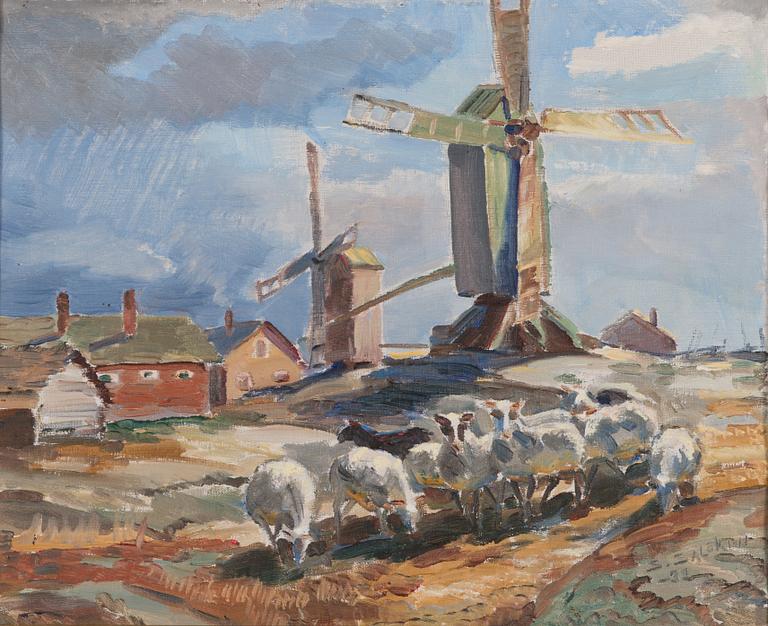 Santeri Salokivi, Lambs and windmills in bright sunlight.