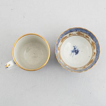 Three small porcelain plates and a cup with saucer, China, 18th century, and an English 19th century cup with saucer.