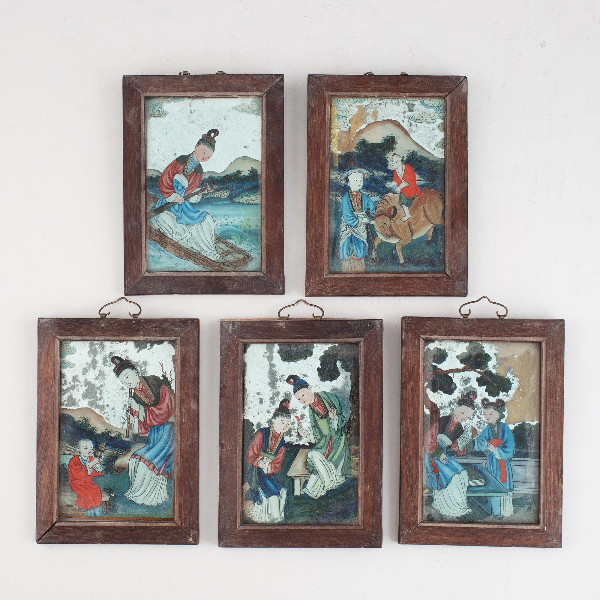 Five Chinese reverse glass paintings, 20th century.