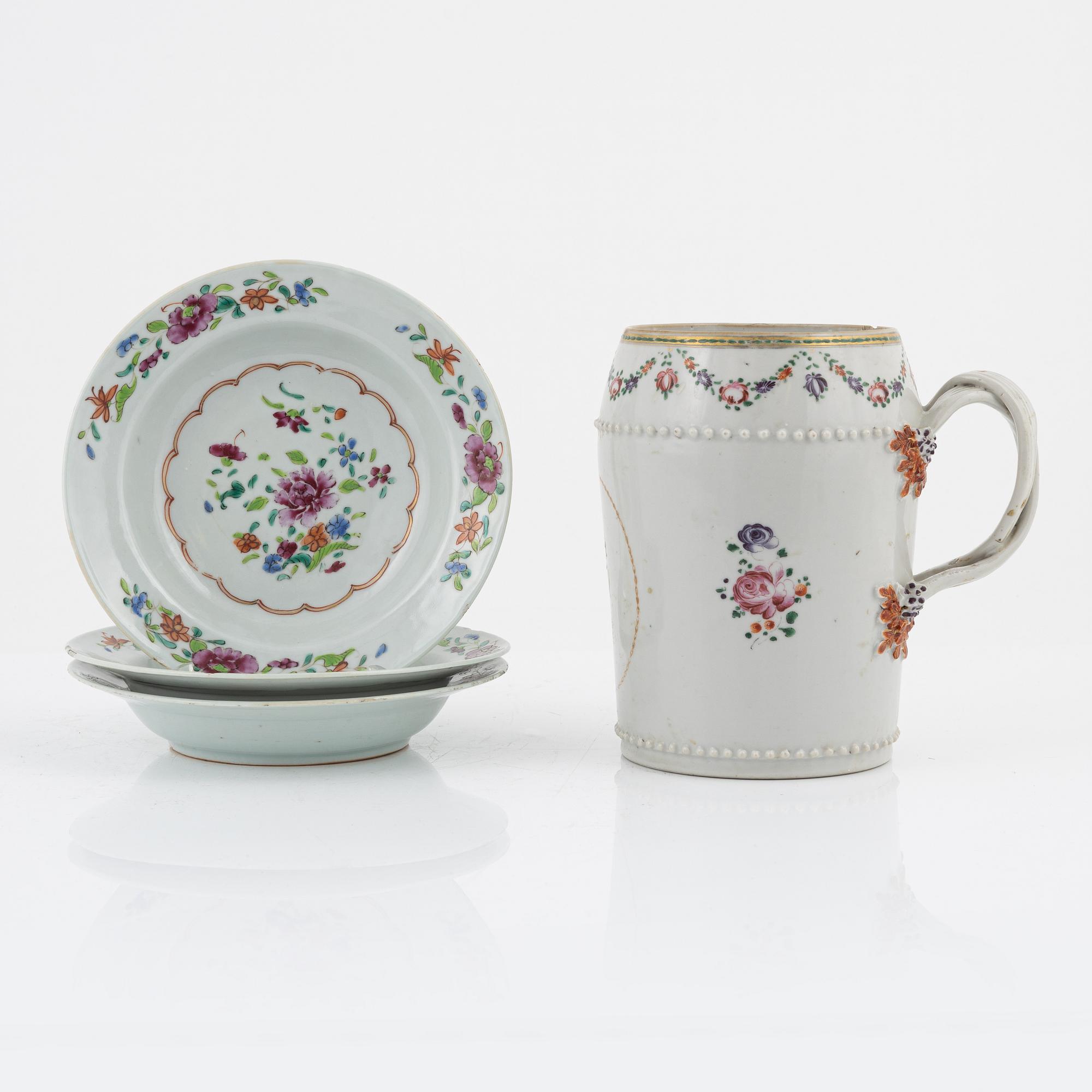 A porcelain Famille Rose Mug and three Dishes, China, Qinlong (1736-95).