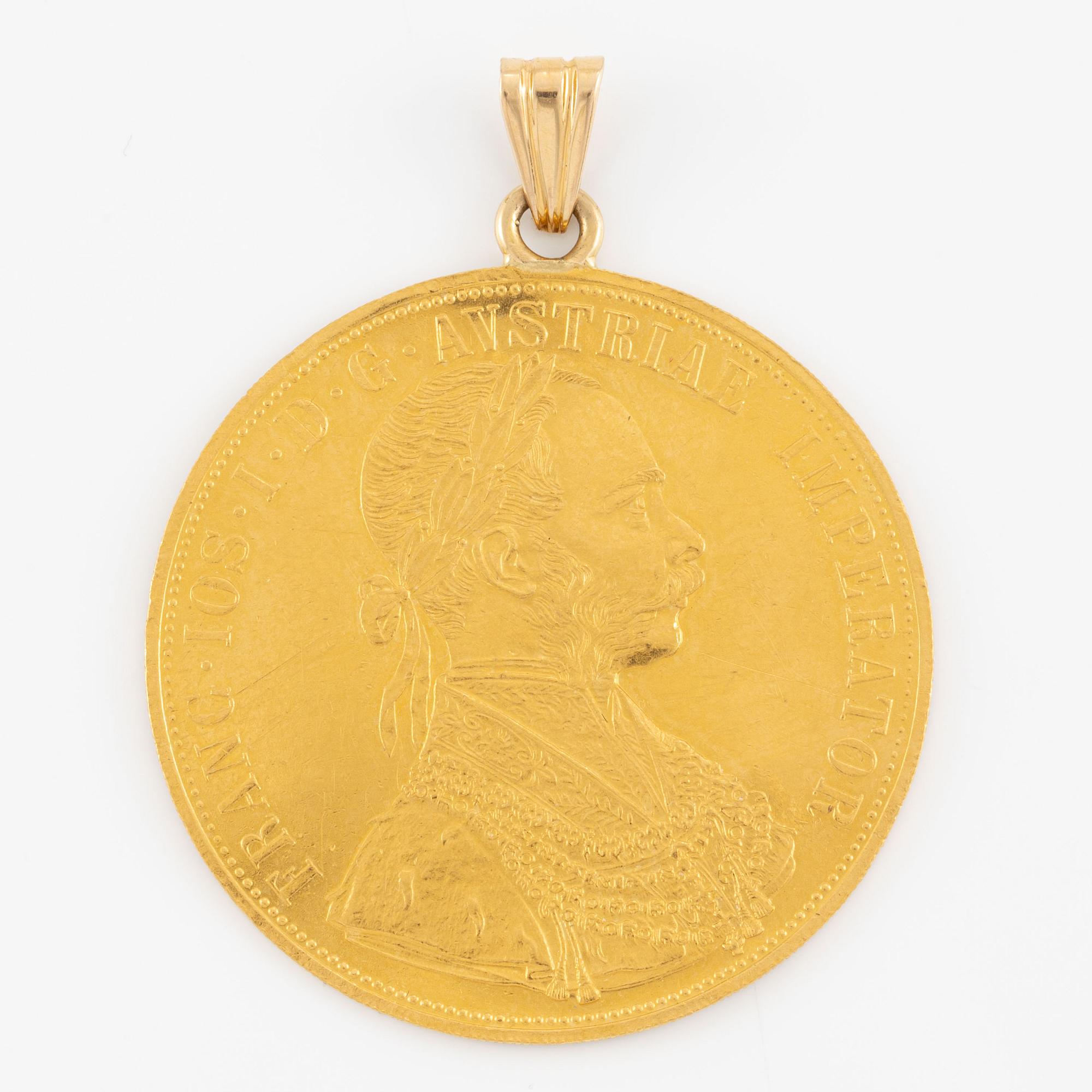 Gold coin mounted as a pendant. Austria-Hungary, 4 ducat 1915.