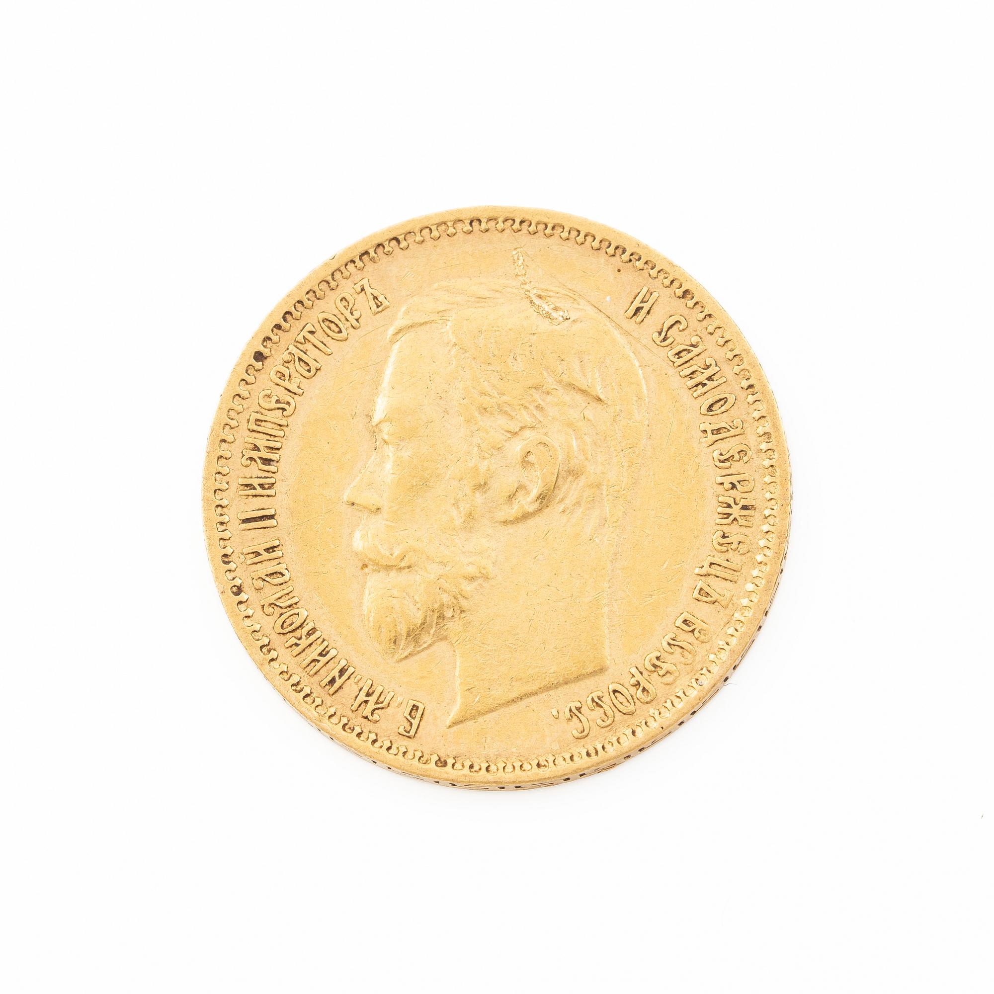 Gold coin, Nicholas II, Russia, 5 Rubles, 1900.