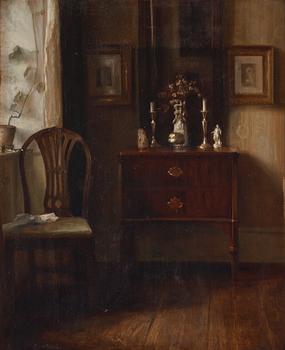 388. Carl Holsoe, Interiör med stol vid fönstret.