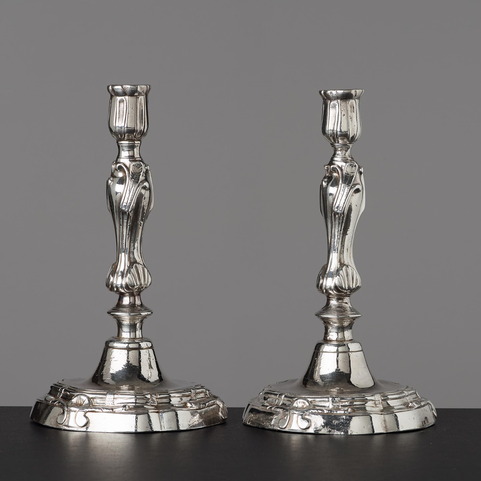A pair of Rococo candlesticks by Stephen (Friedrich) T. Lemair, privilge in Stockholm 1762, Rococo, 1763.