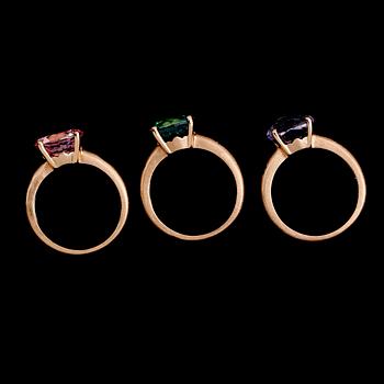 RINGAR,  3 st, 18 k roséguld, diamanter tot ca 0.10 ct, grön topas, ametist samt rosa kvarts.