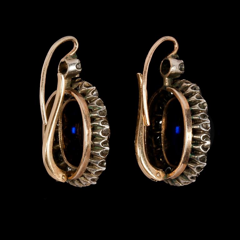EARRINGS, antique cut diamonds, tot. app. 2.50 cts, set with blue glass stones.