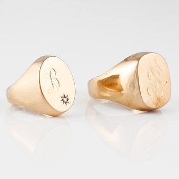 RINGAR, 2 st, 18K guld samt en åttkantslipad diamant, Borgings Guld & Silver, Göteborg. Vikt 11,7 gram.