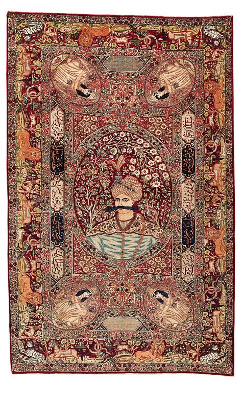 A rug, antique Kerman Laver figural, ca 209,5-211 x 131-133,5 cm.