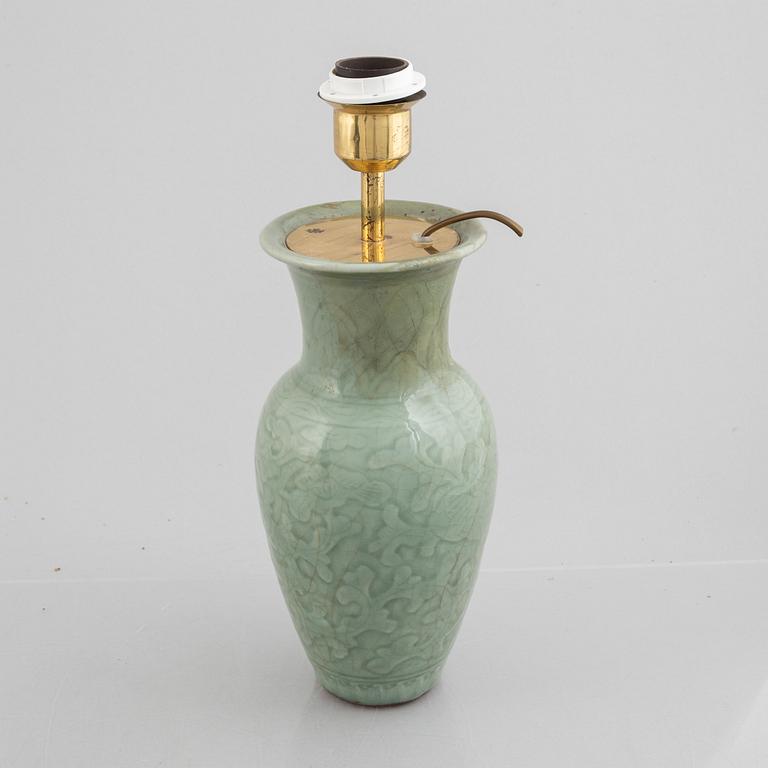A Chinese celadon porcelain vase / table lamp, late Qing dynasty.