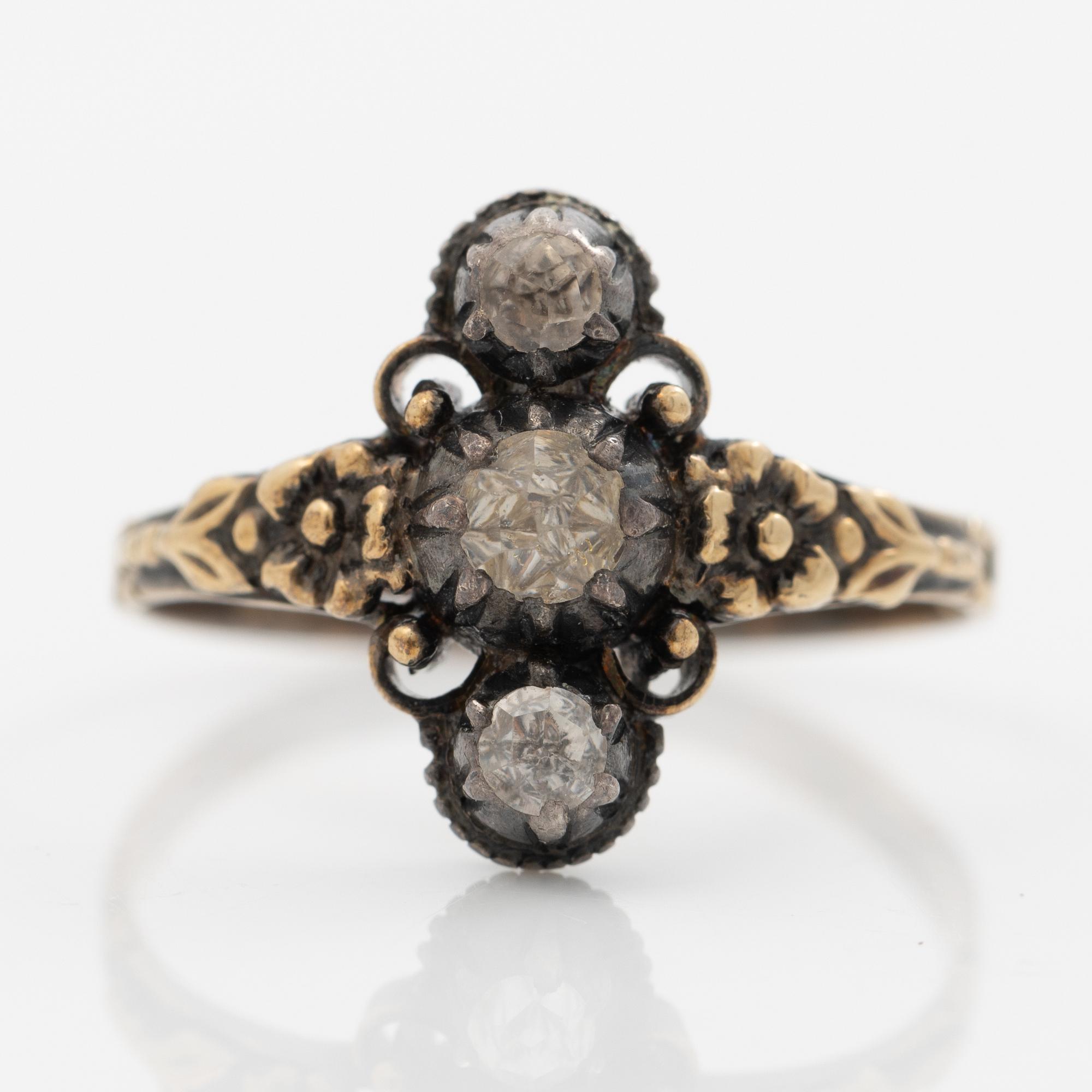 Ring, 18K gold and silver with rose-cut stones, 19th century.