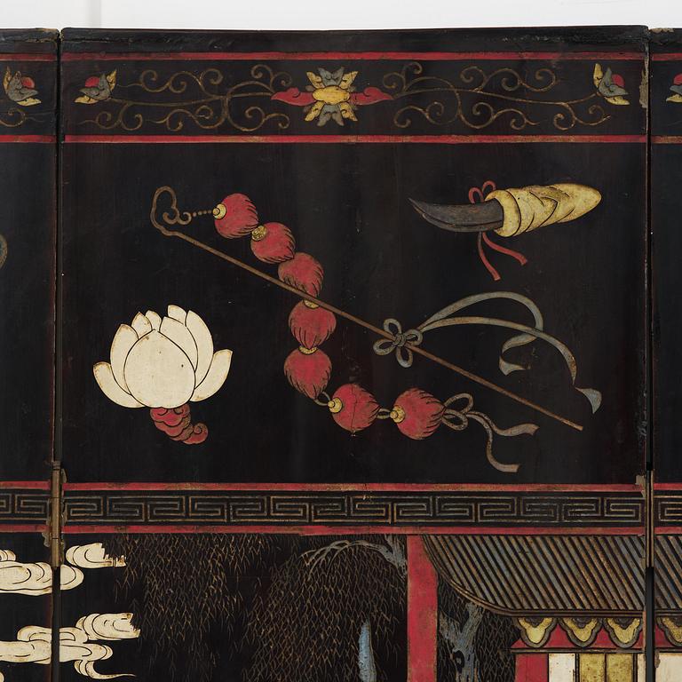 A Chinese four panel lacquer folding screen, first part of the 20th century.