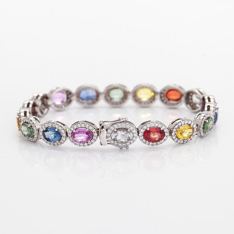 A multi-colour sapphire and diamond bracelet in 14K whitegold.