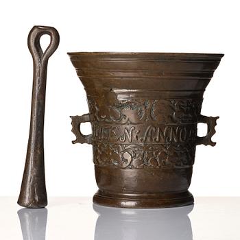 A Swedish late baroque bronze mortar and pestle, dated 1759.