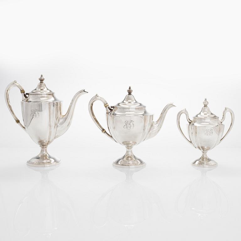 Kaffe- och teservis, 5 delar, silver, på försilvrad bricka, USA, sannolikt 1930-tal.