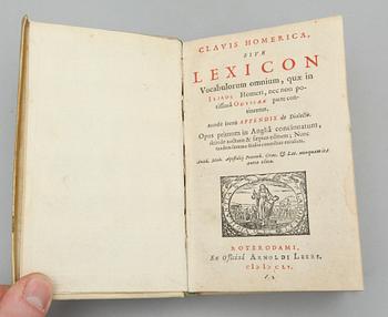 PARTI BÖCKER, 3 vol, bl a "Maronis Opera" av Publius Vergilius, Rotterdam 1704.