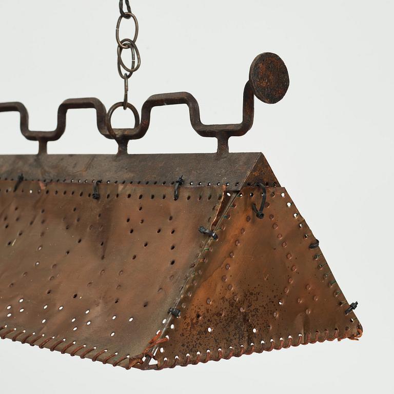 Nordiska Kompaniet, a copper ceiling lamp, made for a Swedish "Sportstuge" interior, 1930's, provenance Brostugan, Drottningholm, Stockholm.