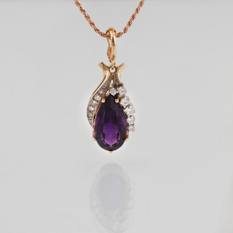 HÄNGE, 18K guld med briljantslipade diamanter och droppslipad ametist, Hallberg, Köping. Vikt 7,1 gram.