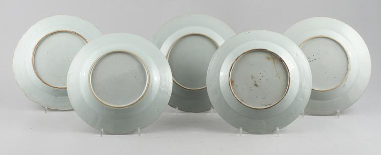 TALLRIKAR, 5 st, porslin, Kina, 1700-tal.