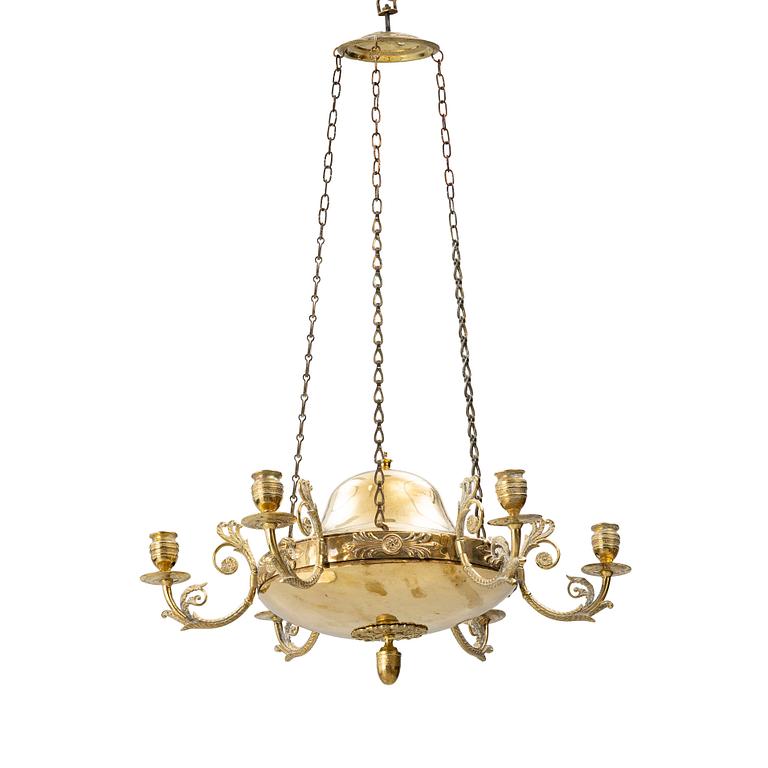 A Swedish Empire gilt brass six-branch chandelier, early 19th century.