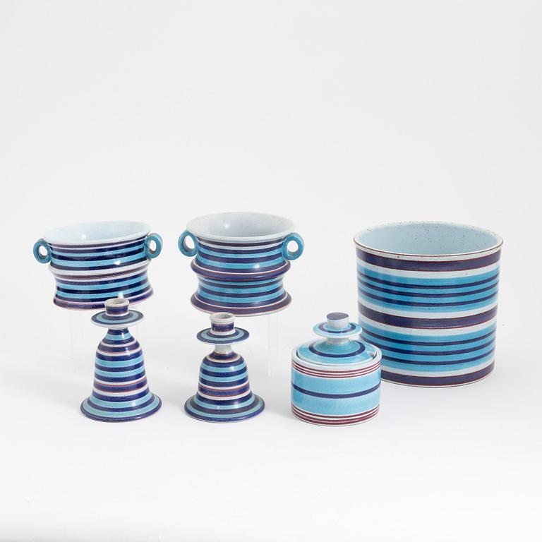 Stig Lindberg, a set of three faience vases, two candlesticks and a lidded box, Gustavsbergs studio.