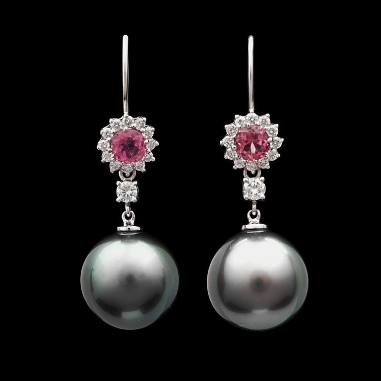 A pair of pink tourmaline and cultured Tahiti pearl earrings.