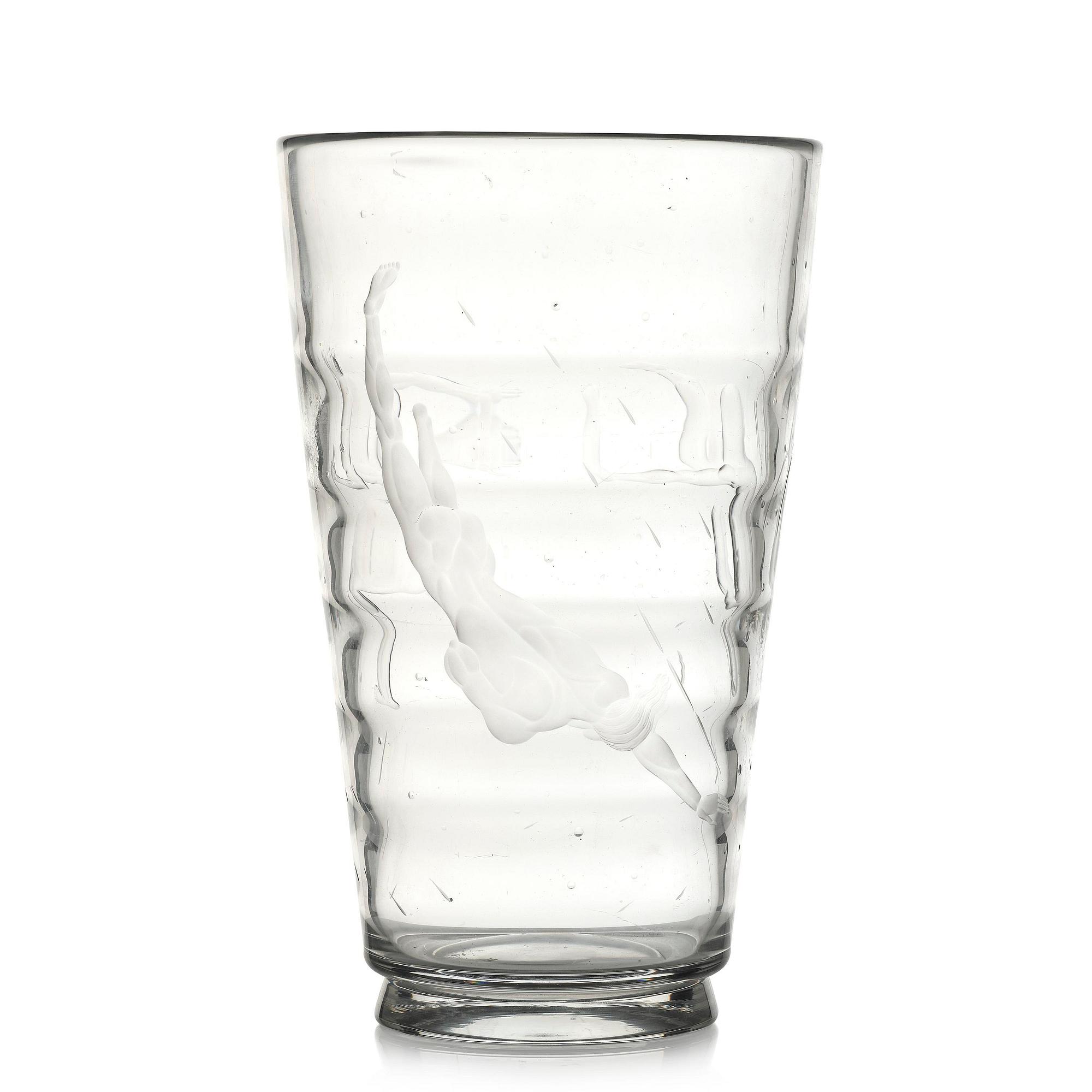 Vicke Lindstrand, a "Pärlfiskare" (Pearl Fisher) engraved glass vase, model 1115, Orrefors, Sweden, 1936.
